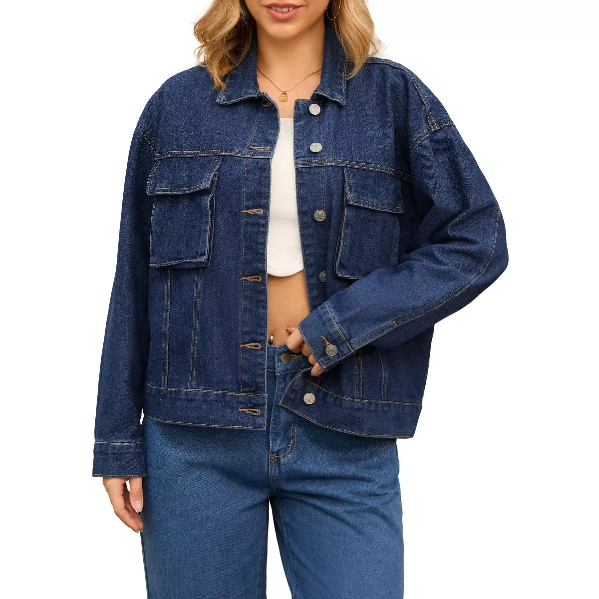 INSPIRE CHIC Women's Button Down Long Sleeve Oversized Denim Jacket Dark Blue X-Large | Target