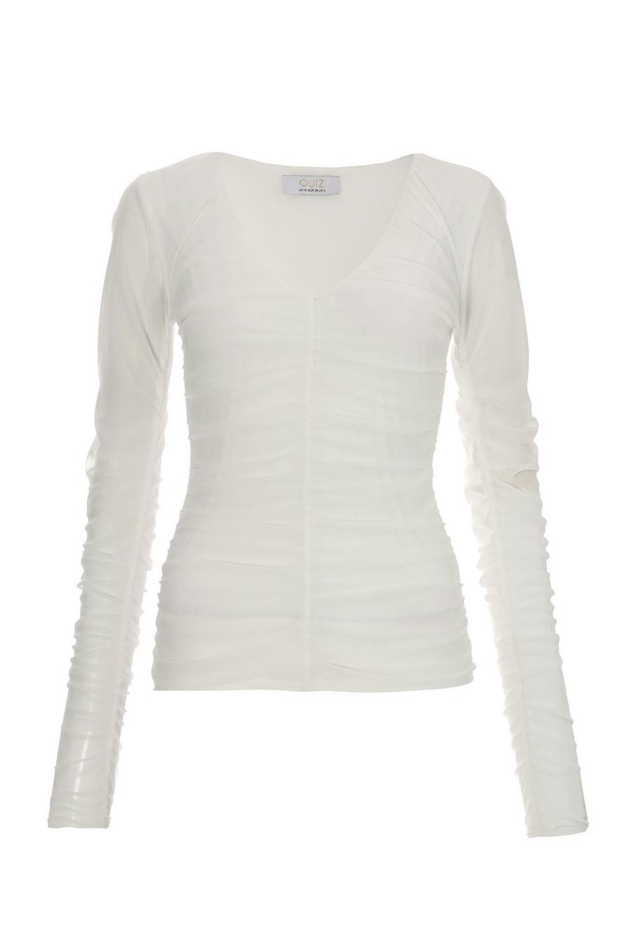 Cream Mesh Ruched Top | Quiz Clothing (UK)