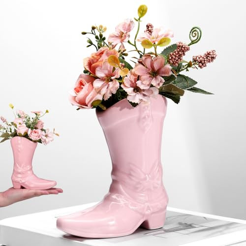 Croblissful Cowgirl Boot Vase for Book Shelf 5.9 Inch Ceramic Cowboy Decoration Arrangements Nice Western Country Accent Vase Unique Boot Planter for Modern Aesthetic Room Wedding Decor(Pink) | Amazon (US)