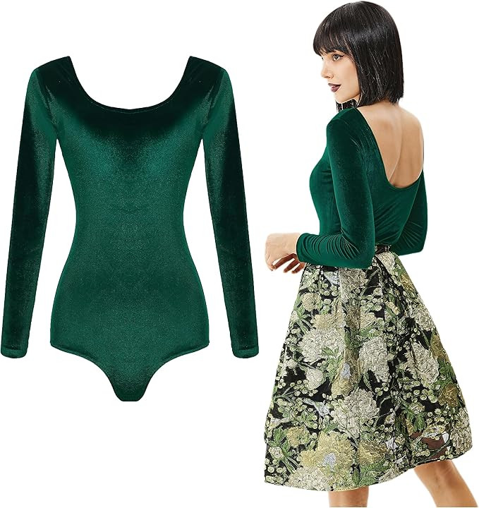 Coucoland Women's Velvet Long Sleeve Green Bodysuit Shirts Tops Jumpsuit Slim Fit Leotards for Wo... | Amazon (US)