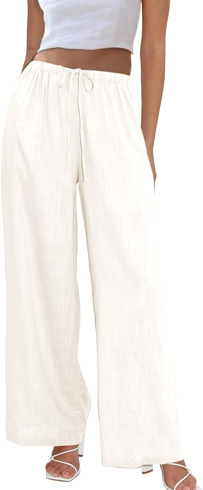 Duyang Womens Cotton Linen Palazzo Pants Drawstring Elastic Waist Casual Wide Leg Trousers with P... | Amazon (US)