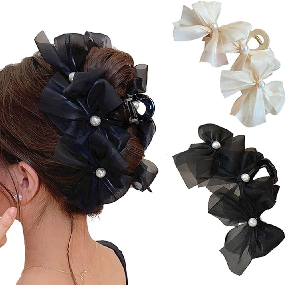 Hair Bow Clips for Women, 2 Pcs Big Bow Hair Claw Clips, Pearl Hair Accessories for Women | Amazon (US)