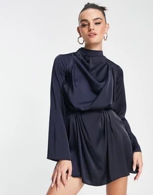 ASOS DESIGN satin drape neck mini dress with pleat detail and open back in navy | ASOS (Global)