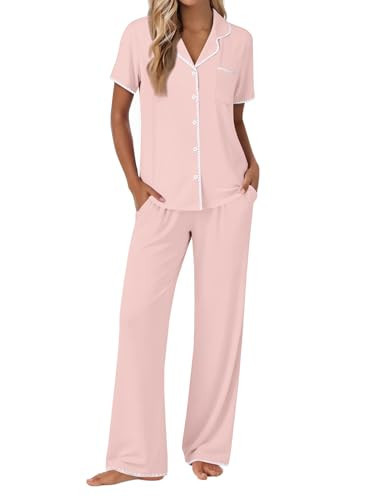 Ekouaer Pajamas for Women Set Button Up Soft Pjs Short Sleeve 2 Piece Lounge Sets Comfy Sleepwear Pink Medium | Amazon (US)