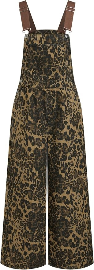 CIDER Overalls for Women Denim Leopard Pocket Buckle Up Wide Leg Jumpsuit | Amazon (US)