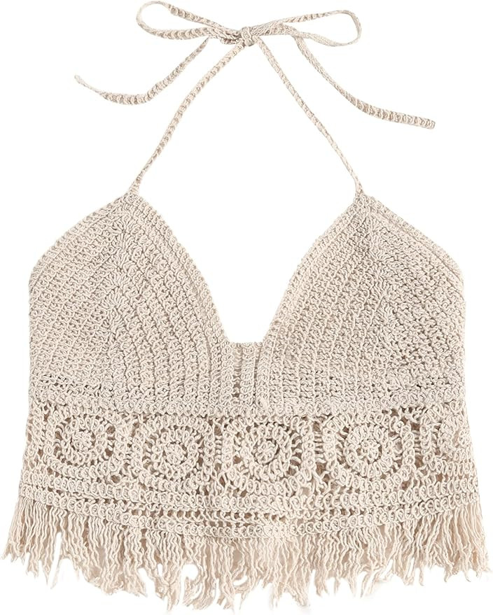 ZAFUL Womens Halter Fringed Trim Crochet Knit Bralette Top | Amazon (US)