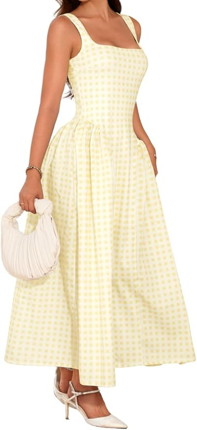 Plaid Maxi Dress, Square-Neck Drop-Waist, Wedding-Guest Party, Flowy A-Line Dresses for Women Dat... | Amazon (US)