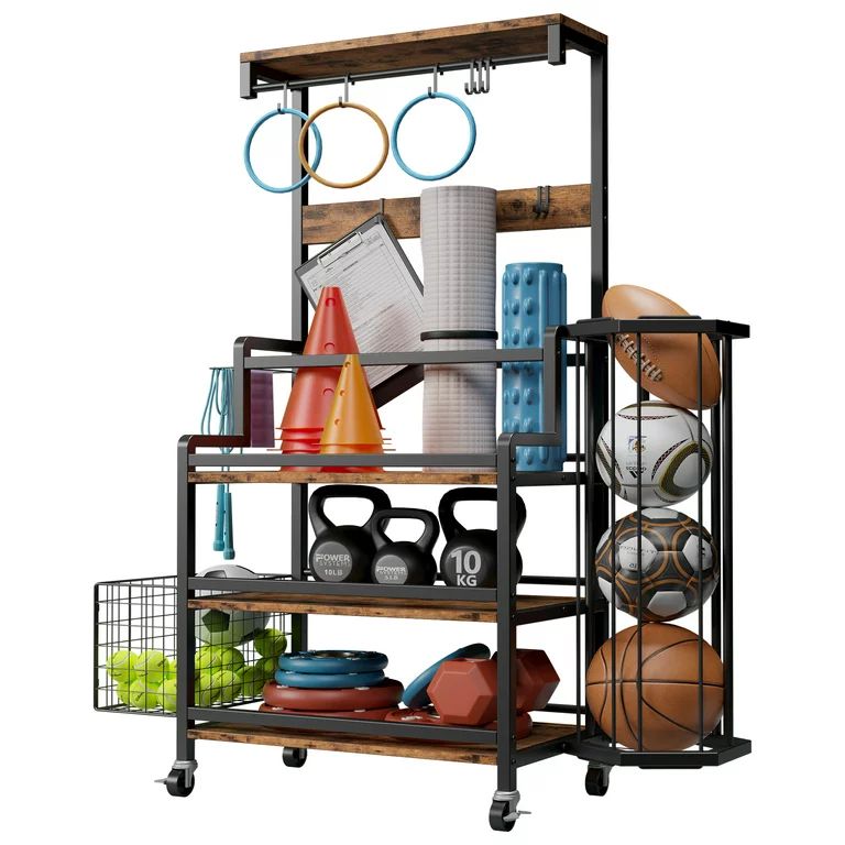 IRONCK Dumbbell Rack with Ball Cage, Gym Storage for Kettlebells Yoga Mat, with Hooks and Wheels | Walmart (US)