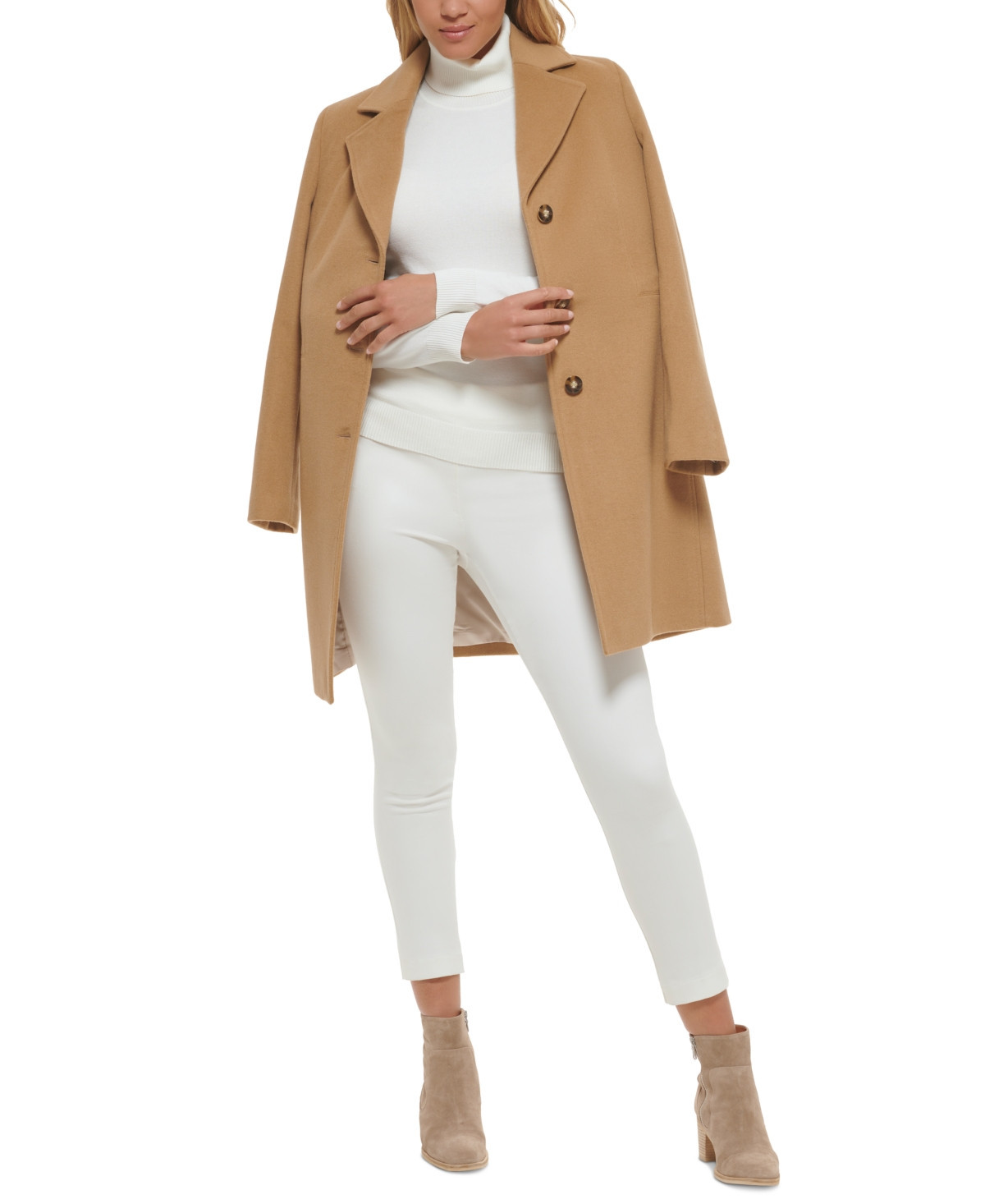 Calvin Klein Womens Single-Breasted Wool Blend Coat - Camel | Macy's