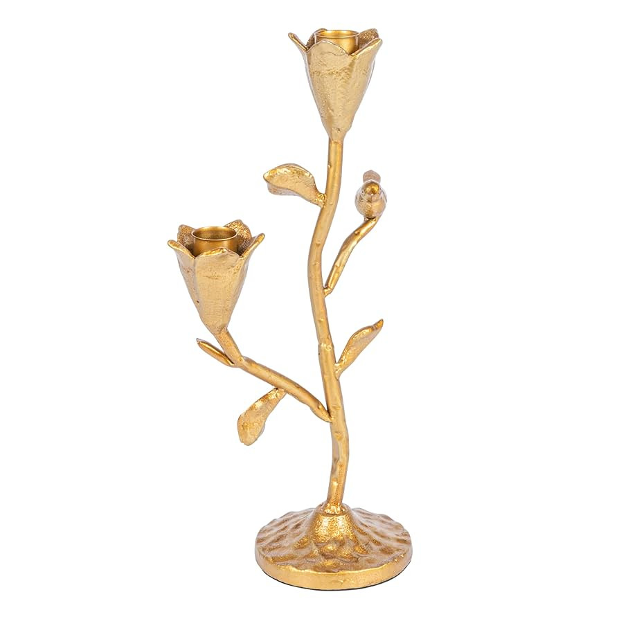 Creative Co-Op Hand-Forged Cast Iron Candelabra with Flowers and Bird, Gold | Amazon (US)