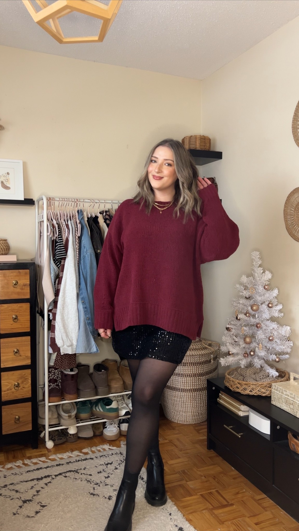 Holiday party outfit idea! Wearing my usual size L in the burgundy sweater. Linked similar sequin skirts. Rip resistant tights are TTS. Black chelsea boots are TTS, also linked similar.
Christmas party outfits, New Year’s Eve outfits

#LTKpartywear #LTKmidsize #LTKholiday