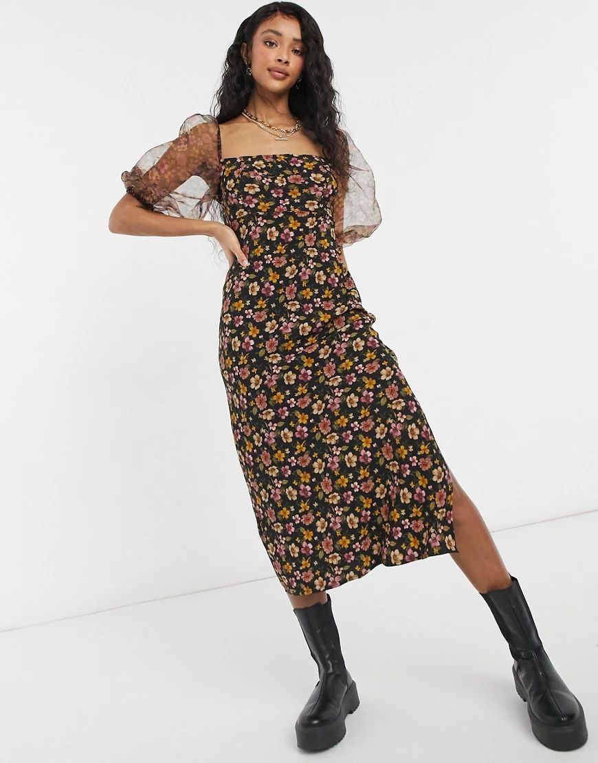 Topshop organza midi dress in multi print | ASOS (Global)