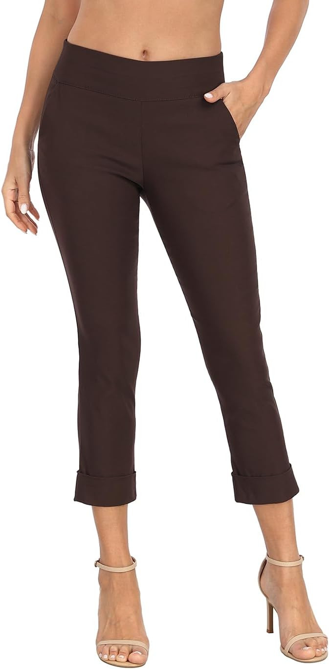 HDE Pull On Capri Pants for Women with Pockets Elastic Waist Cropped Work Pants | Amazon (US)