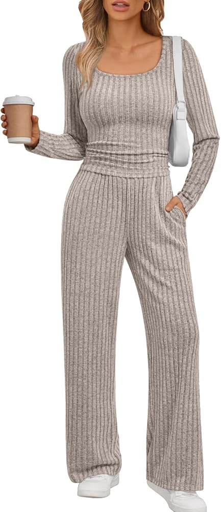 LILLUSORY Womens Lounge Sets 2 Piece Outfits Long Sleeve Two Piece Pajamas Ribbed Knit Fall 2025 ... | Amazon (US)