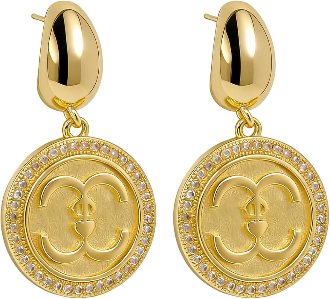 14K Gold Plated Double C Logo Drop Earrings for Women, Sparkling Cubic Zirconia Paved Round Dangl... | Amazon (US)