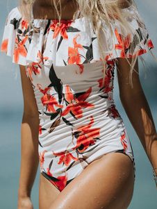 One Piece Swimsuit White Off The Shoulder Floral Print Women Swim Bathing Suit | Milanoo US