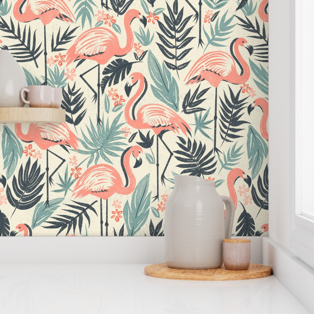 Flamingo Fiesta Large flamingoes retro tropical wall accent summer Wallpaper | Spoonflower | Spoonflower