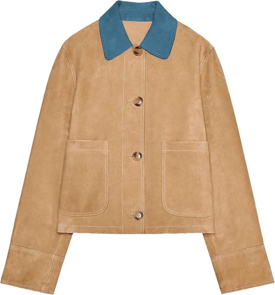 Mingzhu Women's Fall Faux Suede Contrasting Lapel Collar Jacket Long Sleeve Vintage Button Down S... | Amazon (US)