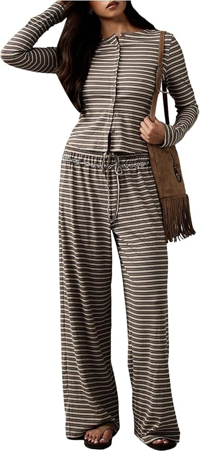 WDIRARA Women's Striped 2 Piece Pants Outfits Long Sleeve Button Down Knit Top Set Leisure Fall C... | Amazon (US)