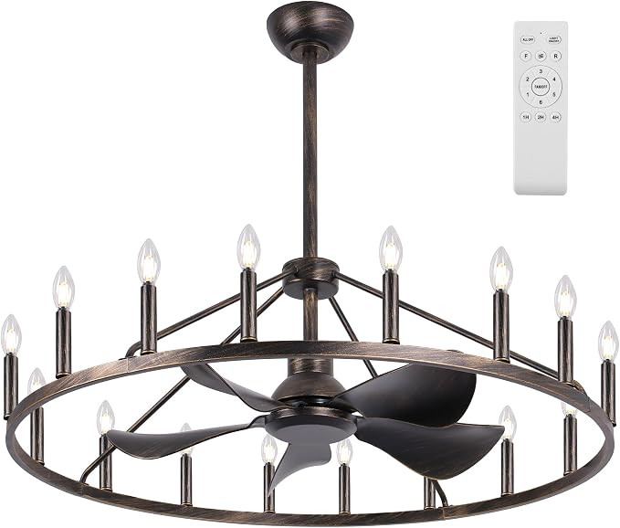 She's home 43" Antique Bronze Wagon Wheel Chandelier Farmhouse Ceiling Fan with Light and Remote,... | Amazon (US)