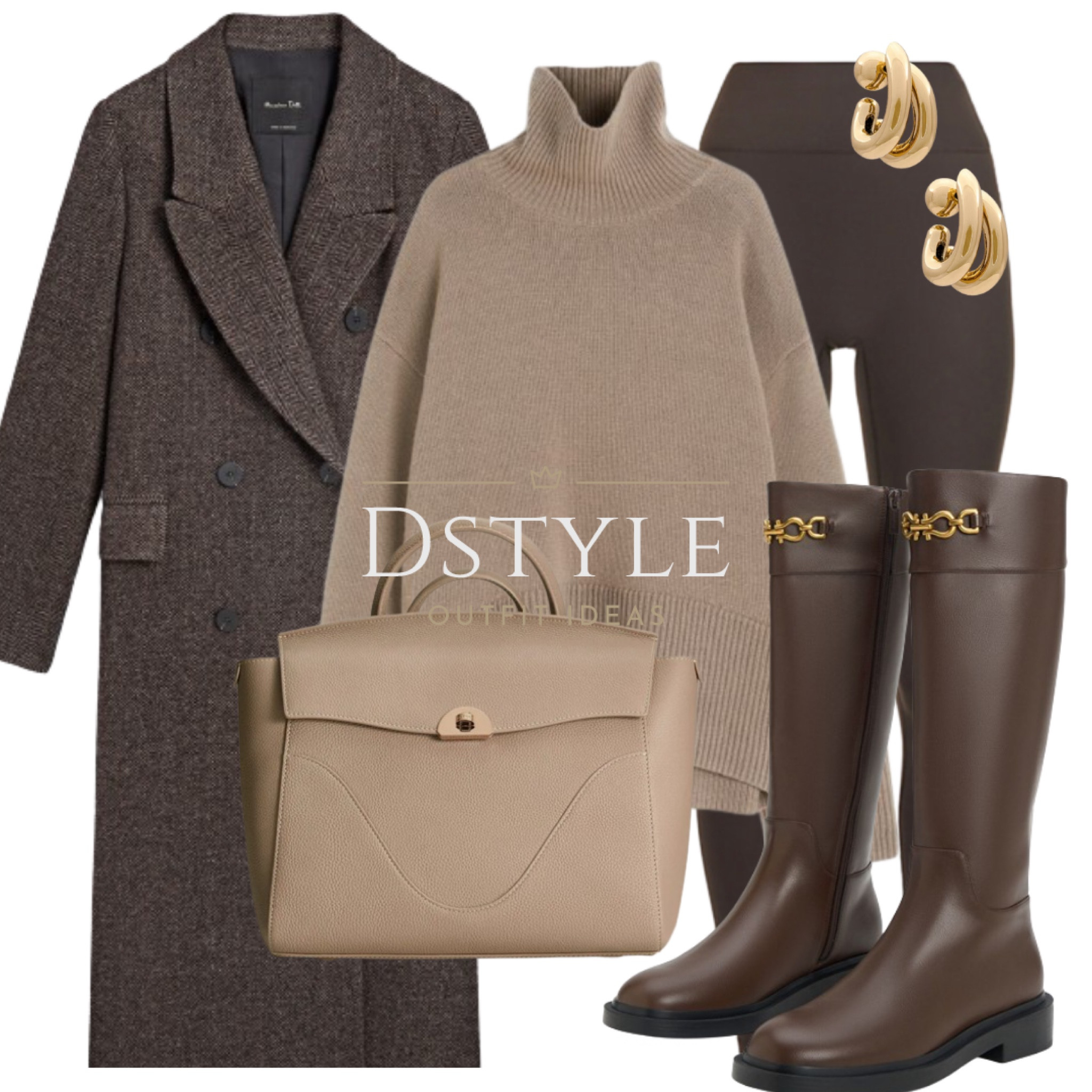 Casual elegance in warm hues: Dark beige cashmere-blend turtleneck, paired with dark brown leggings, knee-high boots, a chic brown wool-blend herringbone coat, and the stunning Wavia bag in latte. ☕🍂 #NeutralChic 

#LTKitbag #LTKstyletip #LTKSeasonal