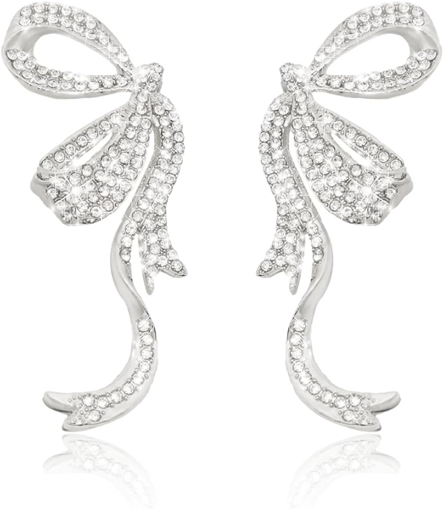 Gold/Silver/Pink Bow Earrings for Women, Cute Crystal Ribbon Stud S925 Silver Post, Trendy Rhines... | Amazon (US)