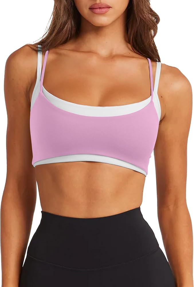 LASLULU Womens Double Layered Sports Bra Spaghetti Straps Workout Yoga Tops | Amazon (US)