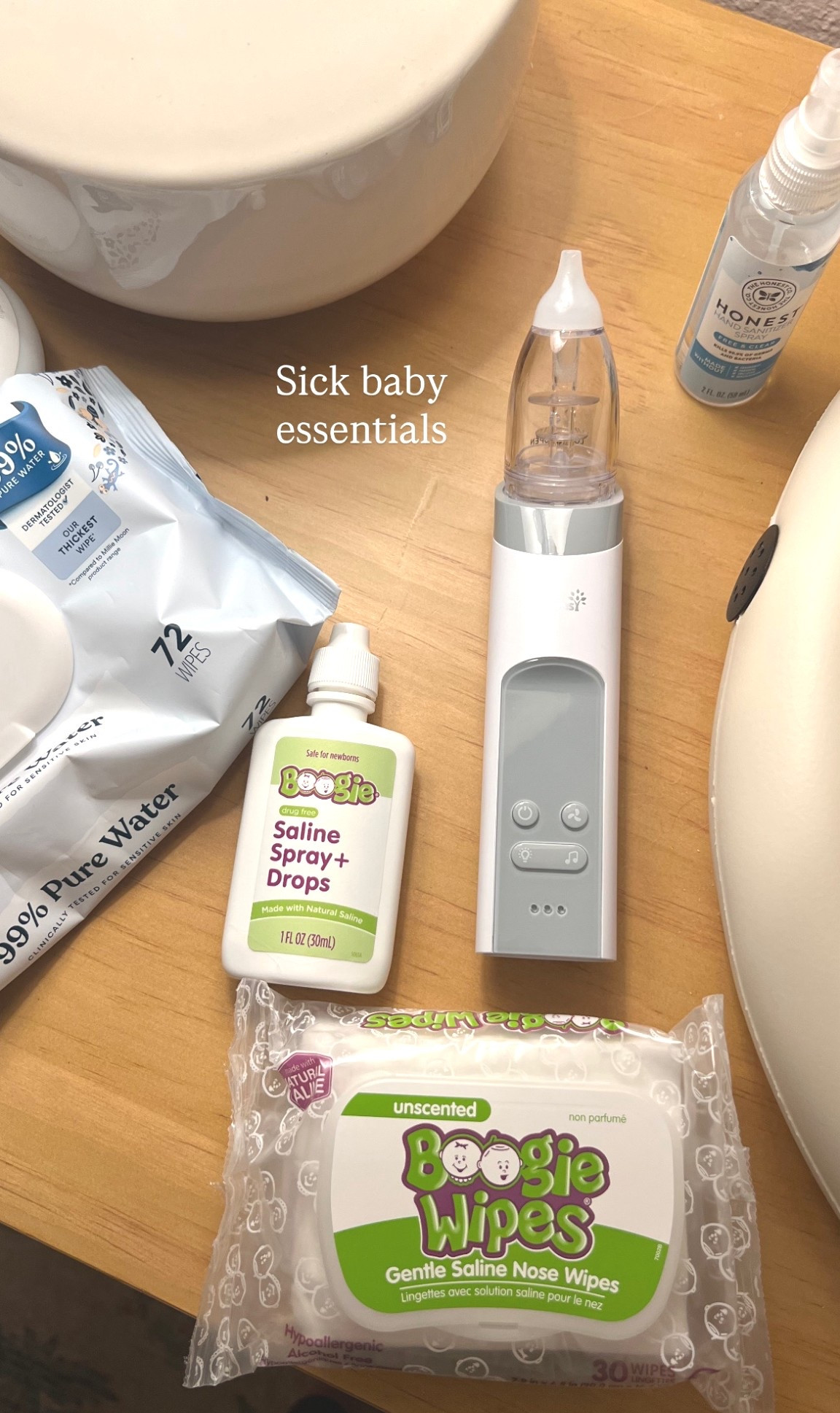 FTM sick baby essentials. Electric nose sucker, saline drops, saline wipes, Millie Moon baby wipes, and Honest hand sanitizer. 

#LTKmomlife #LTKBaby #LTKSaleAlert