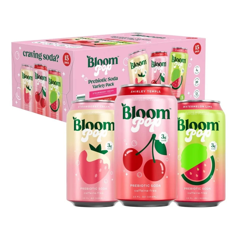 Bloom Pop Prebiotic Soda Variety Pack, 12 fl. oz. Cans, 15 Count – Sparkling Gut-Friendly Drink... | Walmart (US)