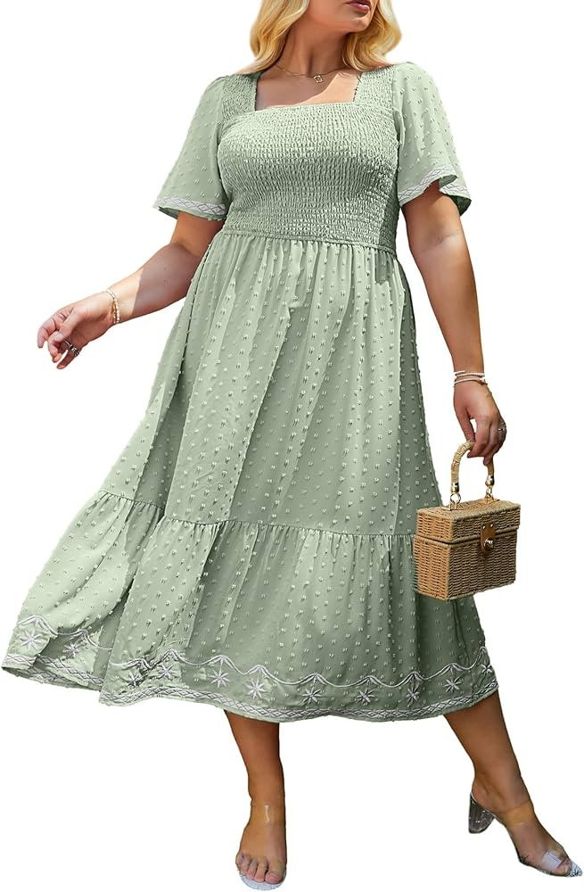 Glamaker Women's Plus Size Summer Casual Short Sleeve Smocked Square Neck A Line Flowy Midi Dress... | Amazon (US)