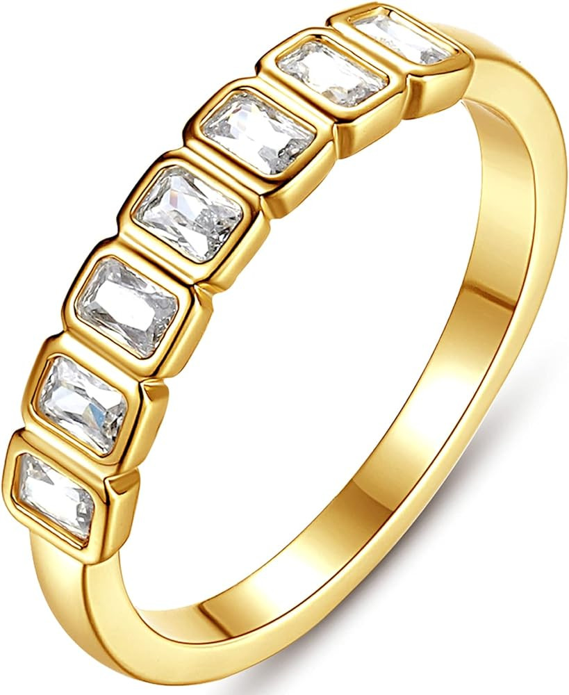 espere Emerald Cut Bezel Set CZ Halfway Eternity Band | 7 Stone Wedding Anniversary Band Bridal S... | Amazon (US)