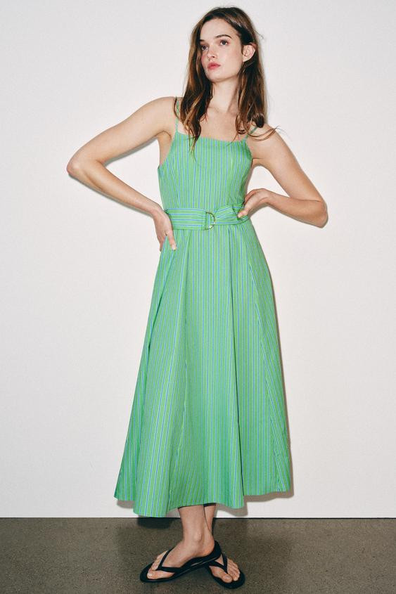 Zara - Striped Belted Midi Dress - Green / Blue - L - Woman | Zara US