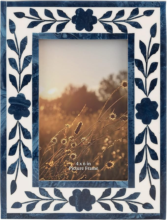 Sagebrook Home Blue & White Floral Inlay Picture Frame – 4x6 Photo Display, Resin & Wood, Elega... | Amazon (US)