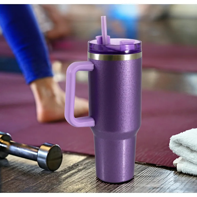 Mainstays 40 oz Stainless Steel Tumbler with Straw and Handle, Double Wall Insulated, Purple Hamm... | Walmart (US)