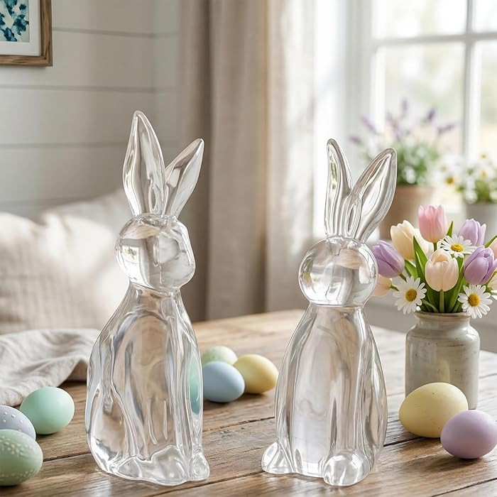 2 Pack Easter Rabbit Statues, Elegant Bunny Figurines for Easter Decorations, Clear Rabbits Figur... | Amazon (US)