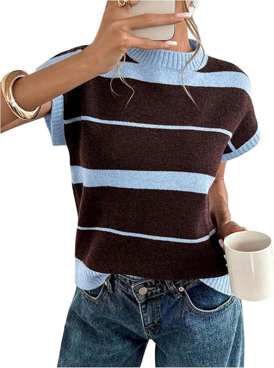 MakeMeChic Women's Striped Sweater Vest Dolman Sleeve Crew Neck Knit Lightweight Pullover Knit To... | Amazon (US)
