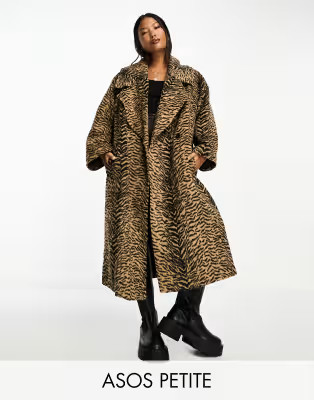 ASOS DESIGN Petite animal print formal coat in brown | ASOS (Global)