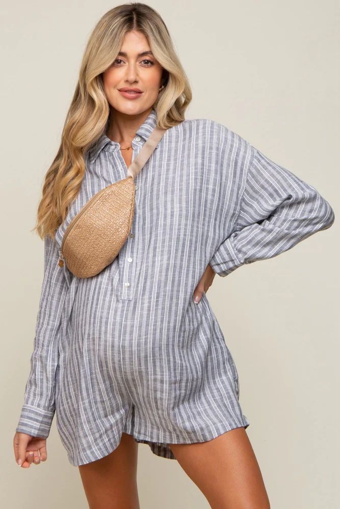 Grey Striped Button Up Linen Maternity Romper | PinkBlush Maternity