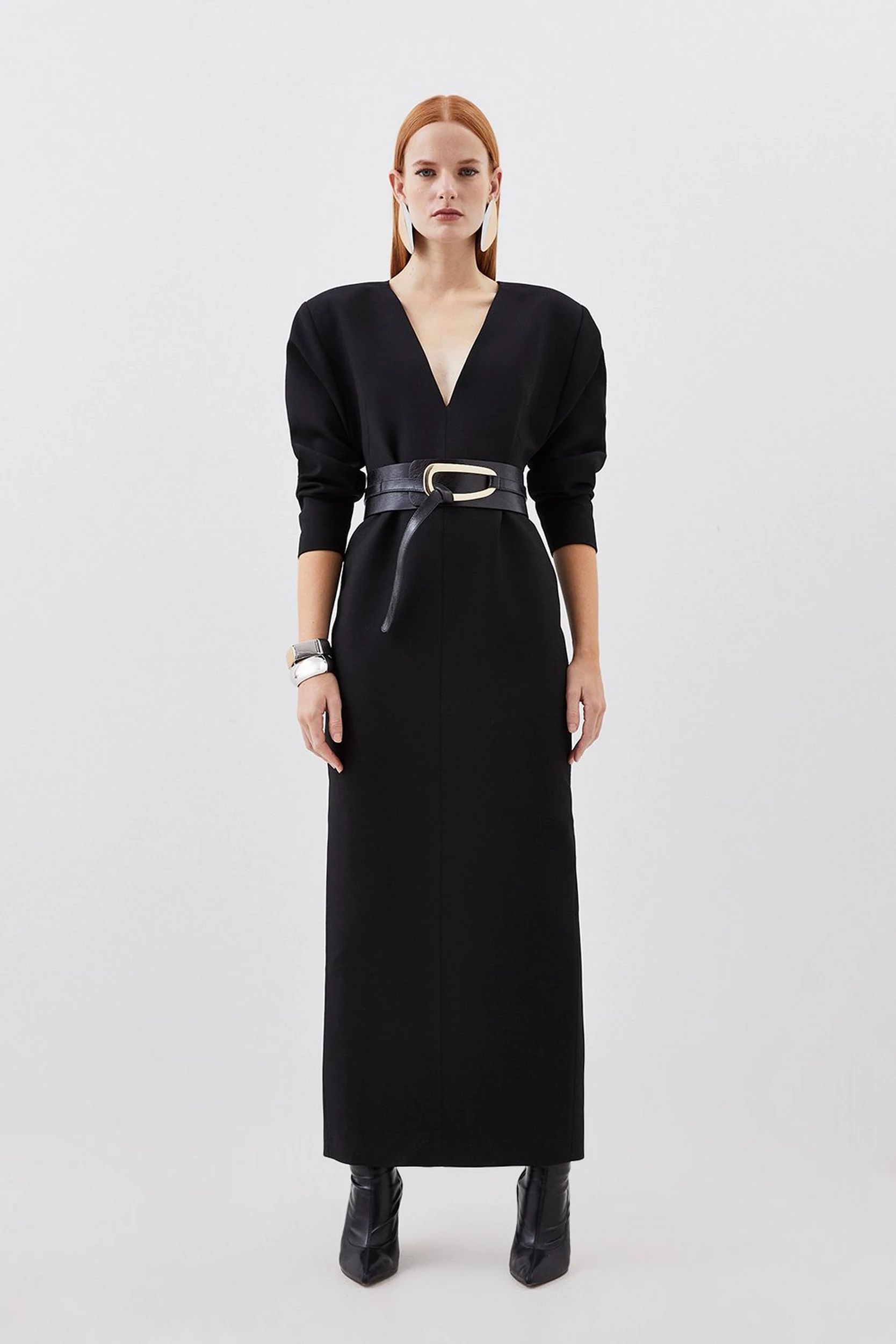 Compact Stretch Tailored Ruched Sleeve Maxi Dress | Karen Millen UK + IE + DE + NL