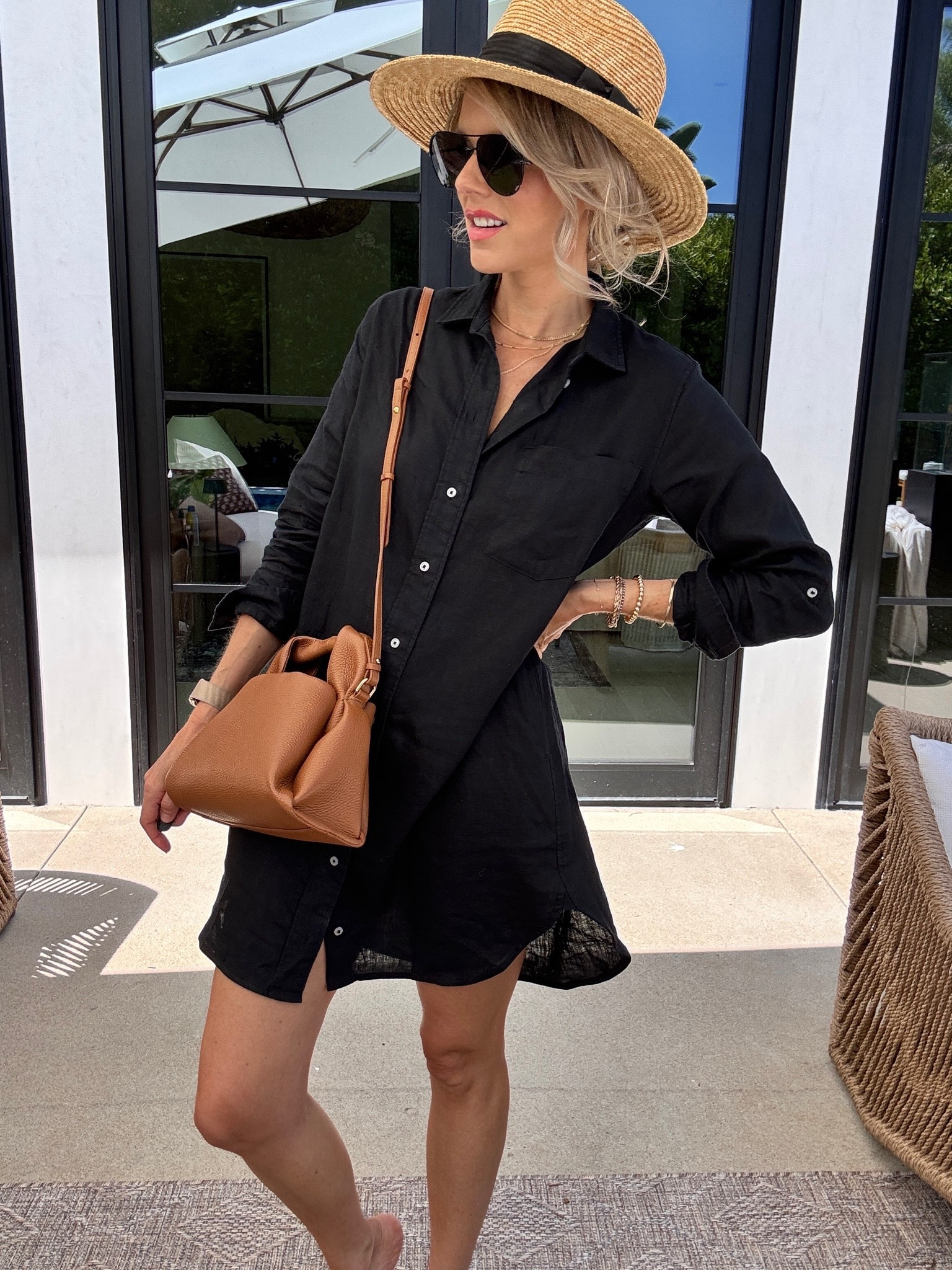 My favorite basic! This black dress is just so easy to dress up or down in different ways depending on what you accessorize it with. It’s the most high-quality beautiful linen. I could not love it more. You can use it as a cover-up, a casual dress, or even dress it up with heels and about for something nicer! ￼
