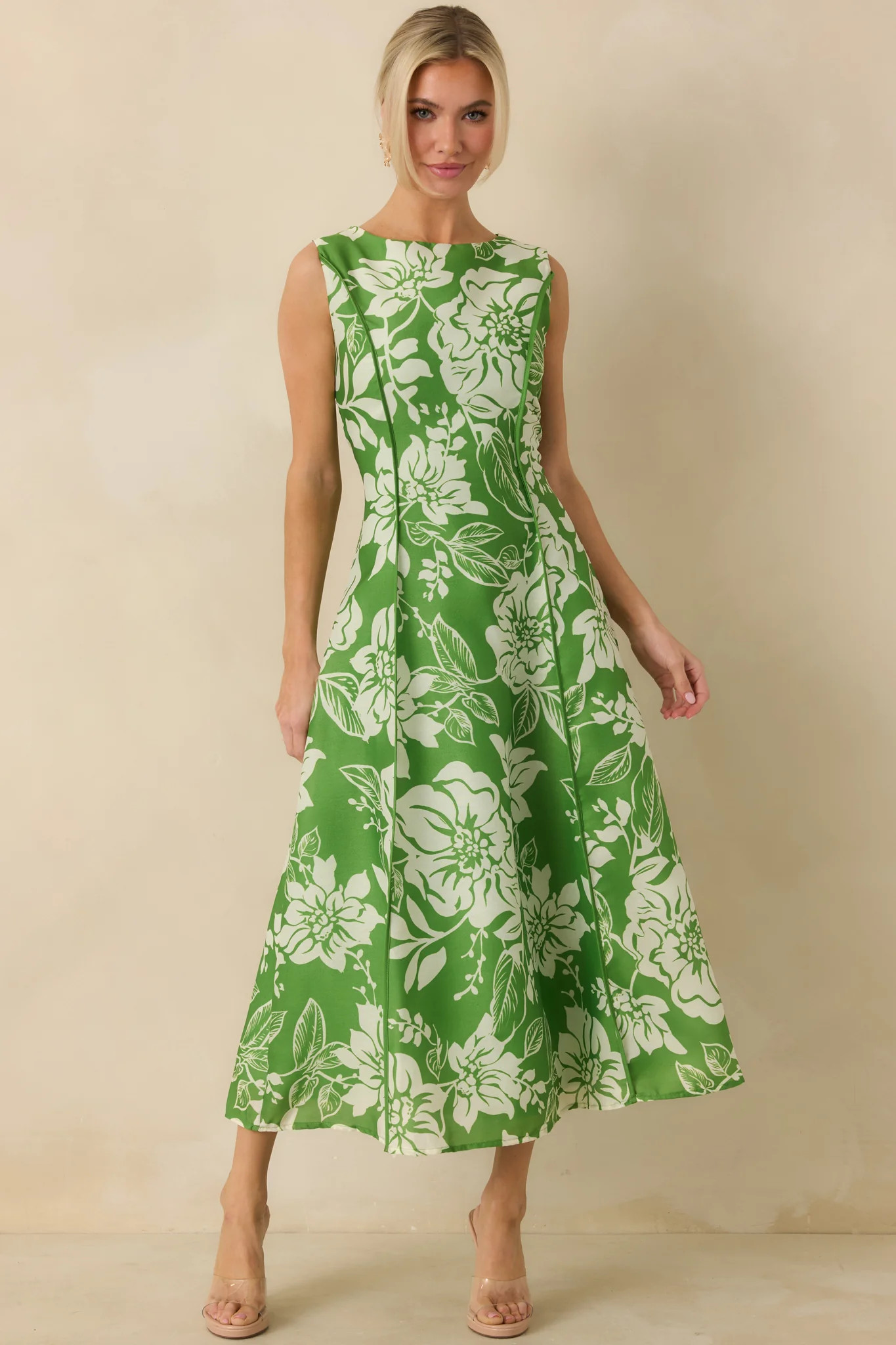 A Beautiful Becoming Green Floral Print Sleeveless Midi Dress | Red Dress