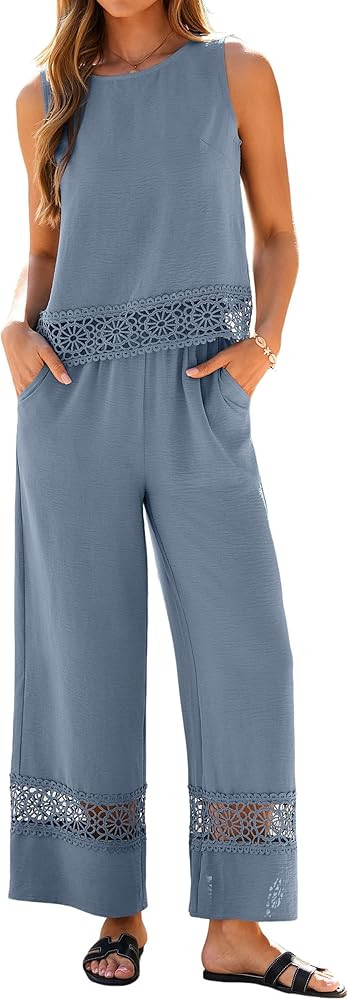 Glamaker Summer Pants Sets Womens 2 Piece Outfits Sleeveless Crop Top Round Neck Lace Wide Leg Be... | Amazon (US)