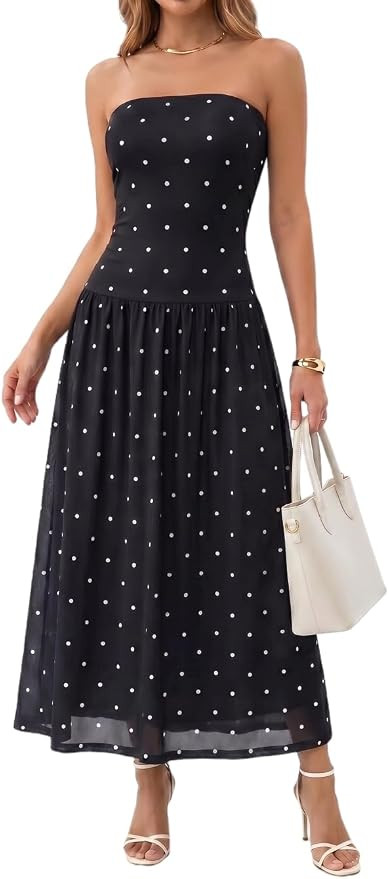 Women's Strapless Tube Polka Dot Dress Flowy Vintage Drop Waist Maxi Vacation Casual Dress Weddin... | Amazon (US)
