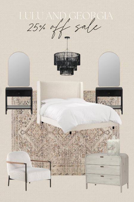 Bedroom inspo 🤍 Lulu and Georgias 25% off anniversary sale is going on now! #bed #creambed #sherpabed #bedroomrug #rug #chandelier #neutralbedroom #archmirror #splurge #nightstands #accentchair #dresser #blacknightstand #sinavase #aestheticbedroom 

#LTKhome #LTKSeasonal #LTKsalealert