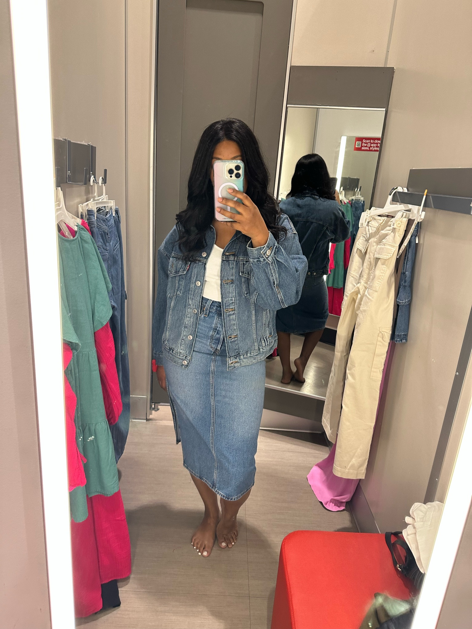 Denim skirt and denim jacket Levi. Casual outfit, denim style. Monochromatic look. Travel outfit, targetstyle, outfit inspo. Pinterest looks. 

#LTKfindsunder50 #LTKstyletip #LTKMostLoved