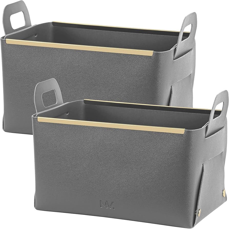 NeatVilla Leather Basket 2-Pack, 9x6 Inch Green or Grey, Foldable Faux Leather Storage Bins for O... | Amazon (US)