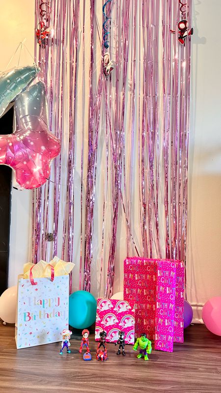 Girlie birthday decorations

UndeniablyElyse.com

4th birthday, birthday girl, pink party decorations, spidey + friends, number balloon, pink tinsel

#LTKparties #LTKkids #LTKunder50