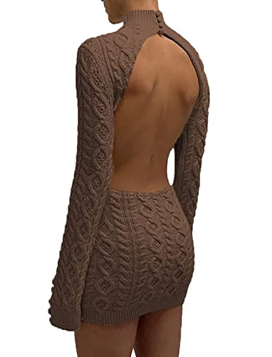 Luckinbaby Backless Sweater Dress for Women Cable Knitted Long Sleeve Dress Turtleneck Open Back Knit Dress (Coffee, S) | Amazon (US)