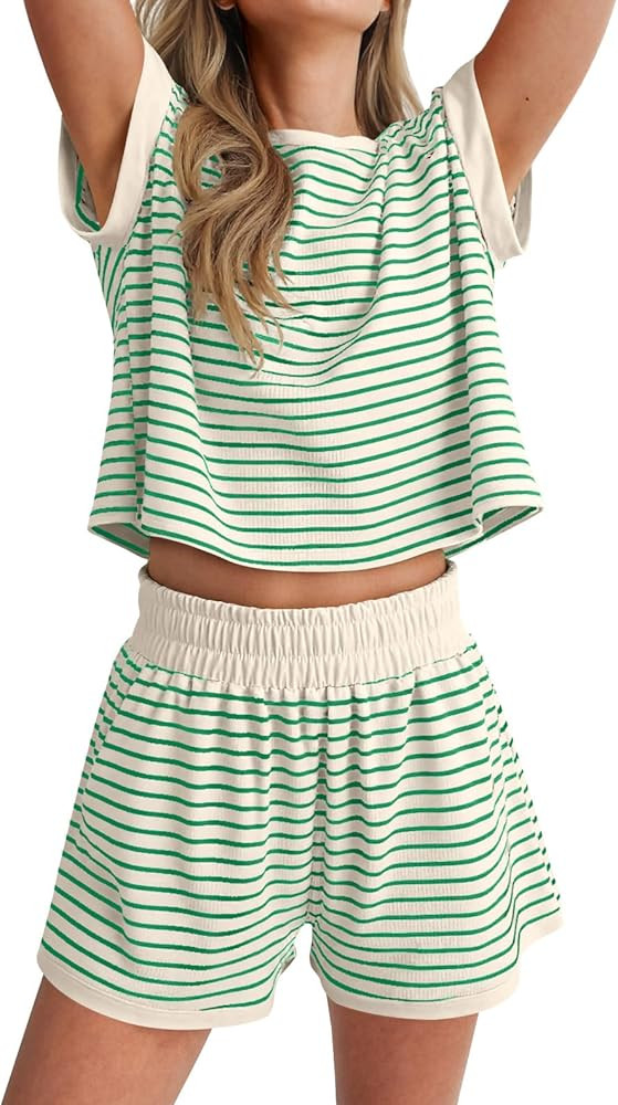 ANRABESS Womens 2 Piece Ribbed Striped Knit Pajama Set, Short Sleeve Top & Lounge Shorts, Casual ... | Amazon (US)