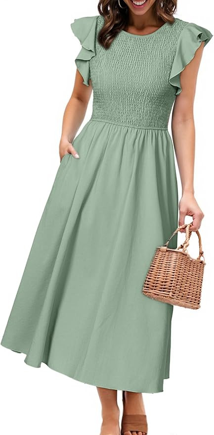 Simplee Womens Striped Midi Summer Dress Linen Smocked Flutter Short Sleeve Dress Flowy Casual Dr... | Amazon (US)